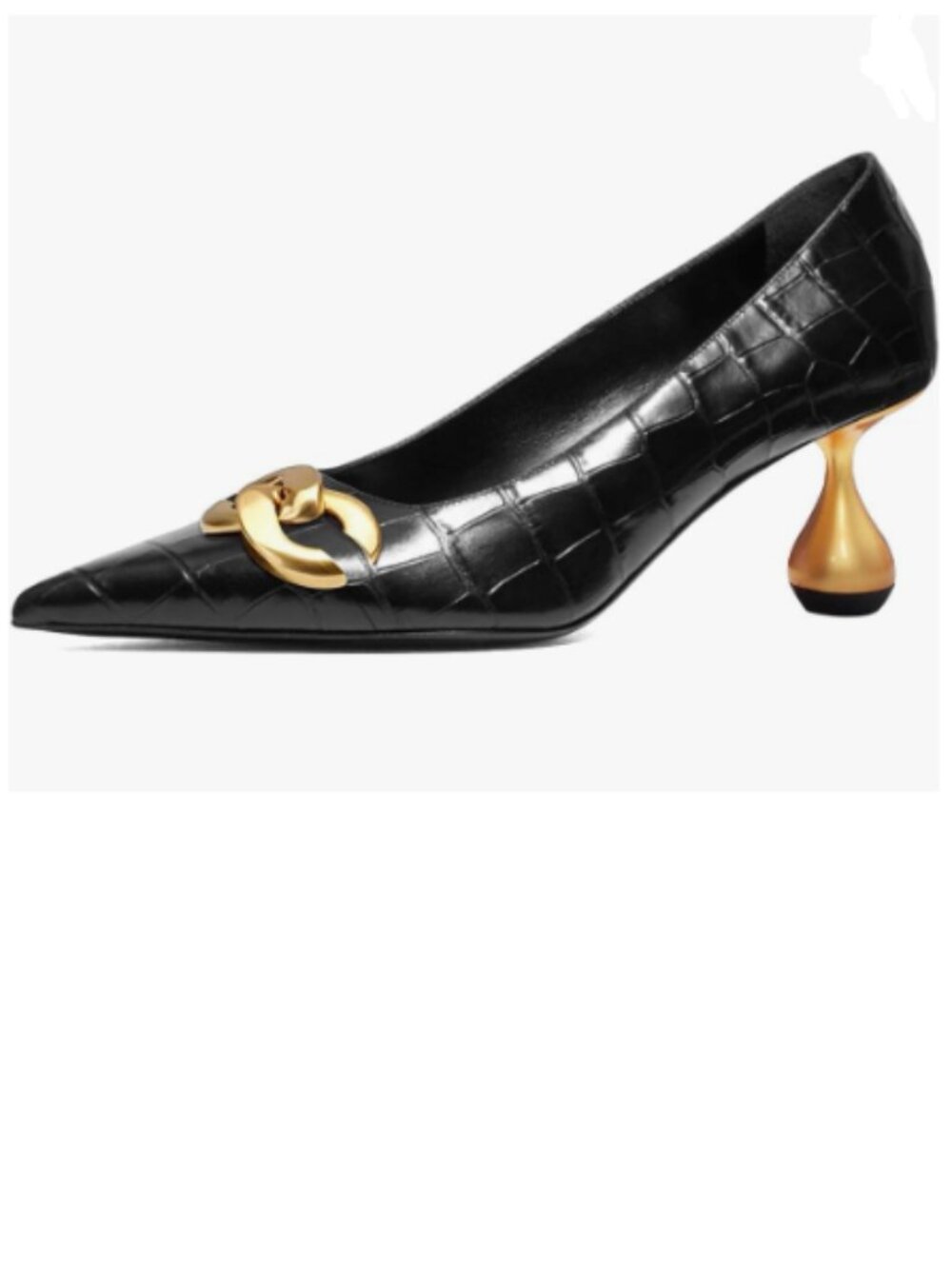 XYD Black-texture Low Heel Pointed Toe with Metal Chain Solid Golden Heel Pumps